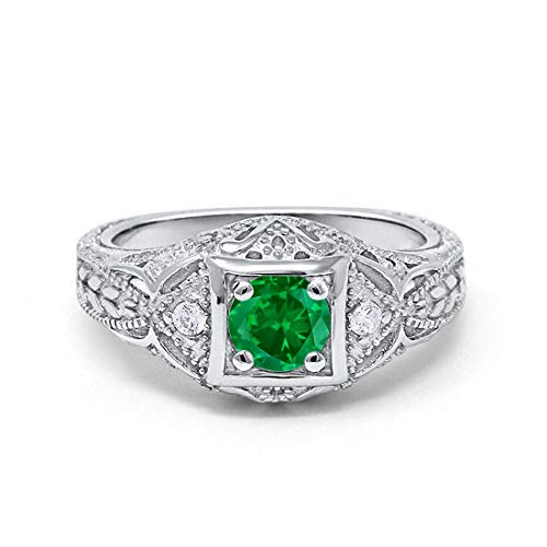 Blue Apple Co. Art Deco Antique Style Wedding Engagement Ring Simulated Emerald Round Cubic Zirconia 925 Sterling Silver, Size-8