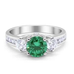 Blue Apple Co. Three Stone 3-Stone Wedding Engagement Ring Simulated Emerald Round Cubic Zirconia Solid 925 Sterling Silver, Size-7