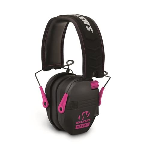 Walkers Razor Slim Electronic Hearing Protection Muffs with Sound Amplification and Suppression and Shooting Glasses Kit, Black/Pink