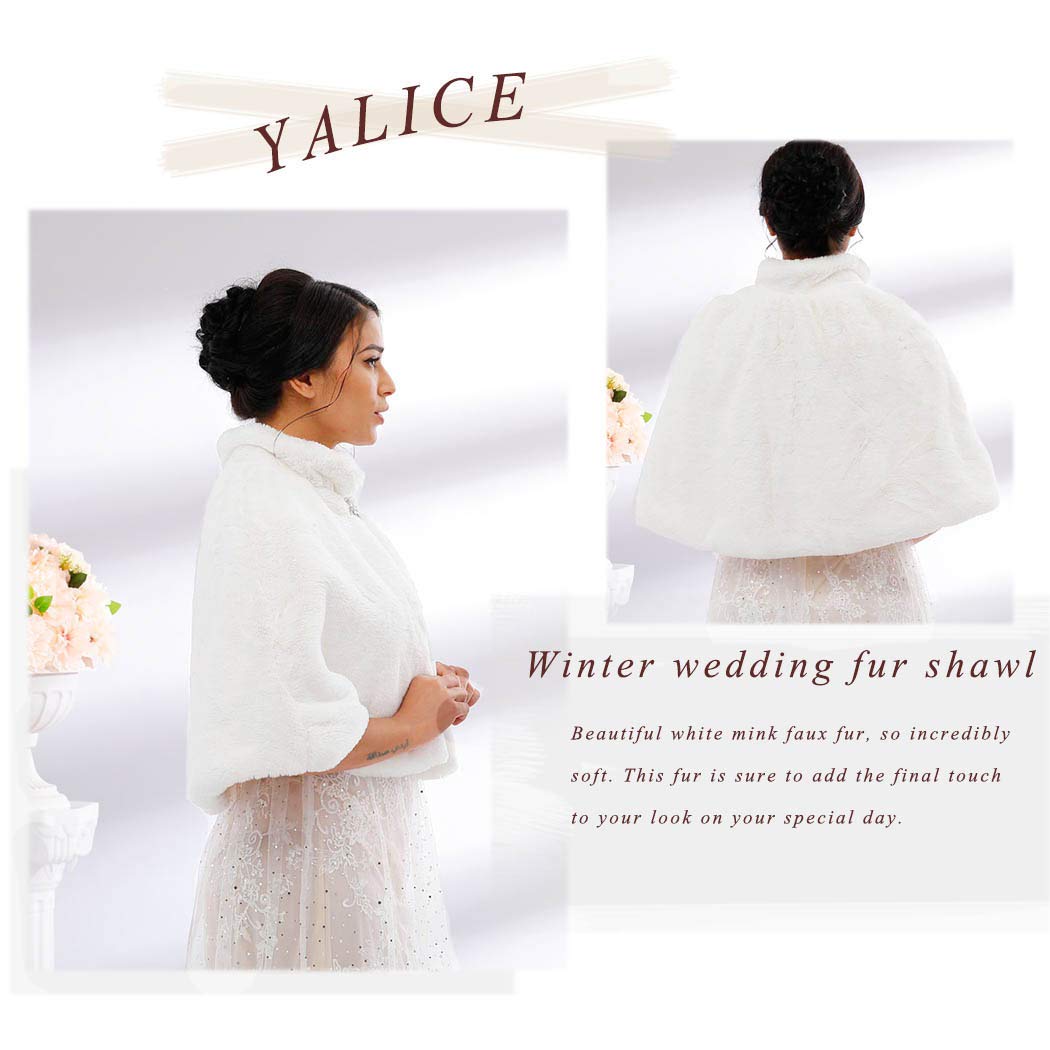 Yalice Women's Wedding Faux Fur Shawl and Wrap Bridal Fur Stole Cloak Cape Fur Scarf for Bride and Bridesmaids (White)