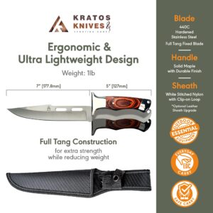 Full Tang Bushcraft Knife, 12" Full Tang Survival Knife Fixed Blade, Camp Knife 440C Stainless Steel Camping Knife with Sheath By Kratos - ZF4