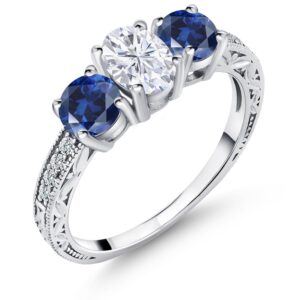 925 Sterling Silver 3-Stone Ring Set with Forever Brilliant (GHI) Oval Moissanite from Charles & Colvard and Created Sapphire (2.22 Cttw) (Size 6)