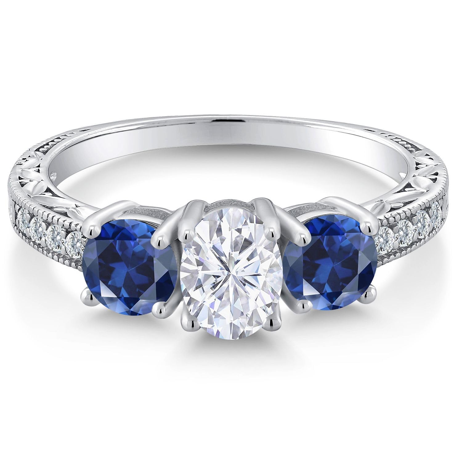 925 Sterling Silver 3-Stone Ring Set with Forever Brilliant (GHI) Oval Moissanite from Charles & Colvard and Created Sapphire (2.22 Cttw) (Size 6)