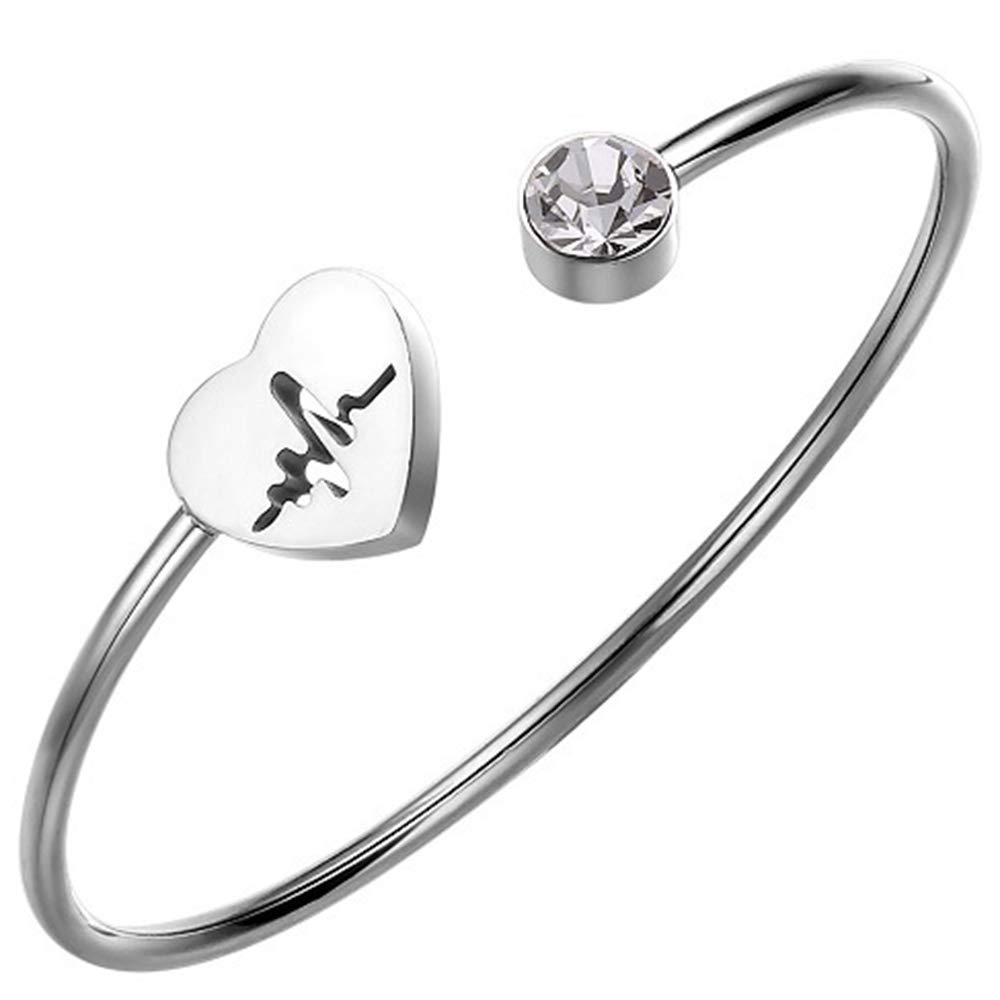 Jude Jewelers Stainless Steel Hear Shaped Open Cuff Statement Promise Anniversary Valentine Gift Bangle Bracelet (Silver)