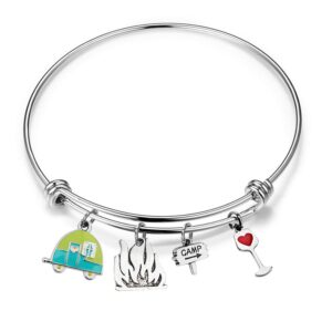 FUSTMW Travel Camper Bracelet Camping Charm Bangle RV Travel Trailer Camping Jewelry Gift for Women (Silver Bracelet)