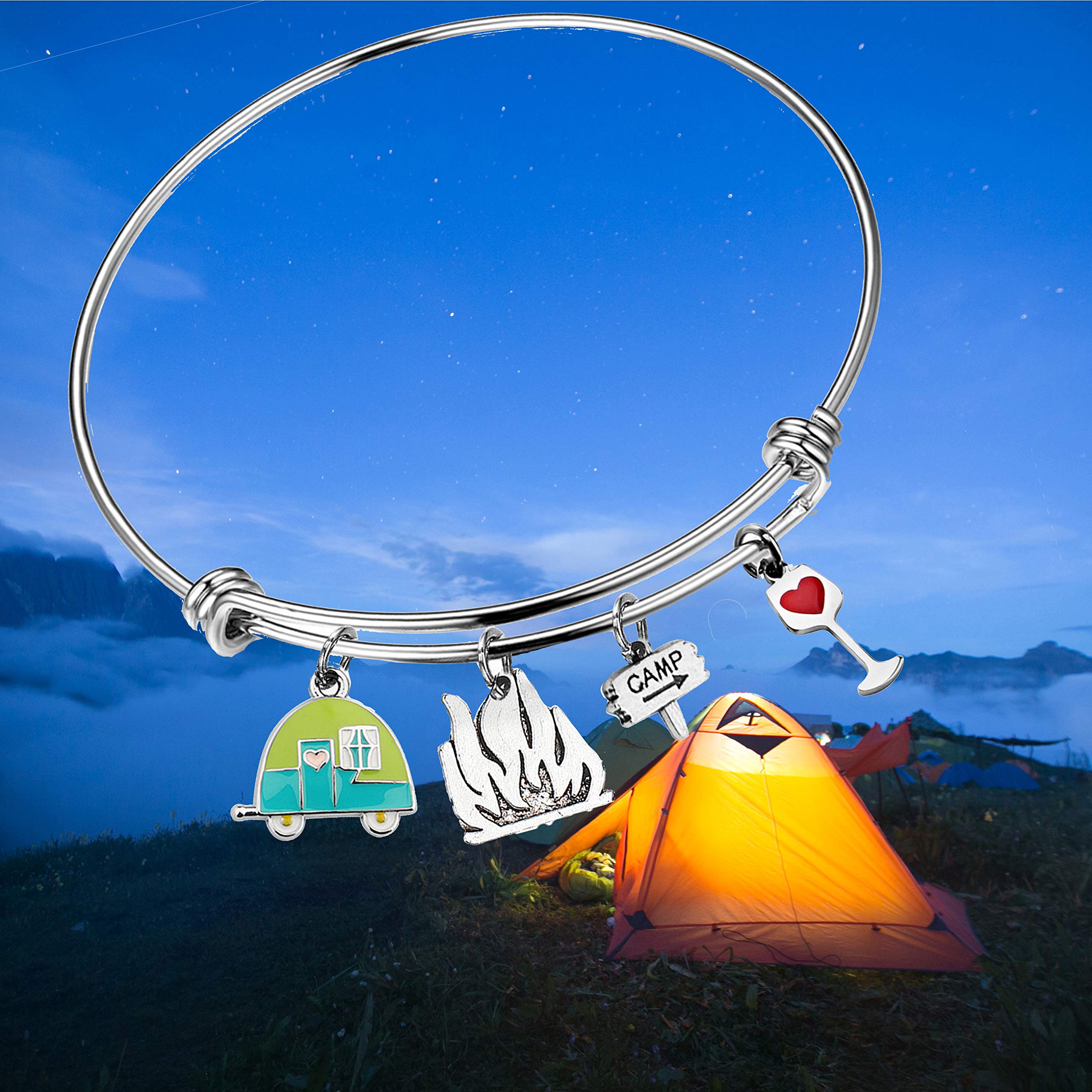 FUSTMW Travel Camper Bracelet Camping Charm Bangle RV Travel Trailer Camping Jewelry Gift for Women (Silver Bracelet)