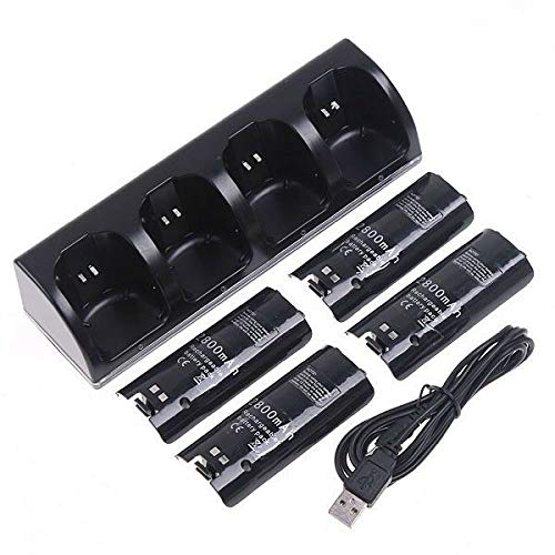 Wii Remote Controller Charger, 4 in 1 Wii Charging Dock Station with 4PCS 2800mAh Rechargeable Batteries for Wii/Wii U Controller-Black