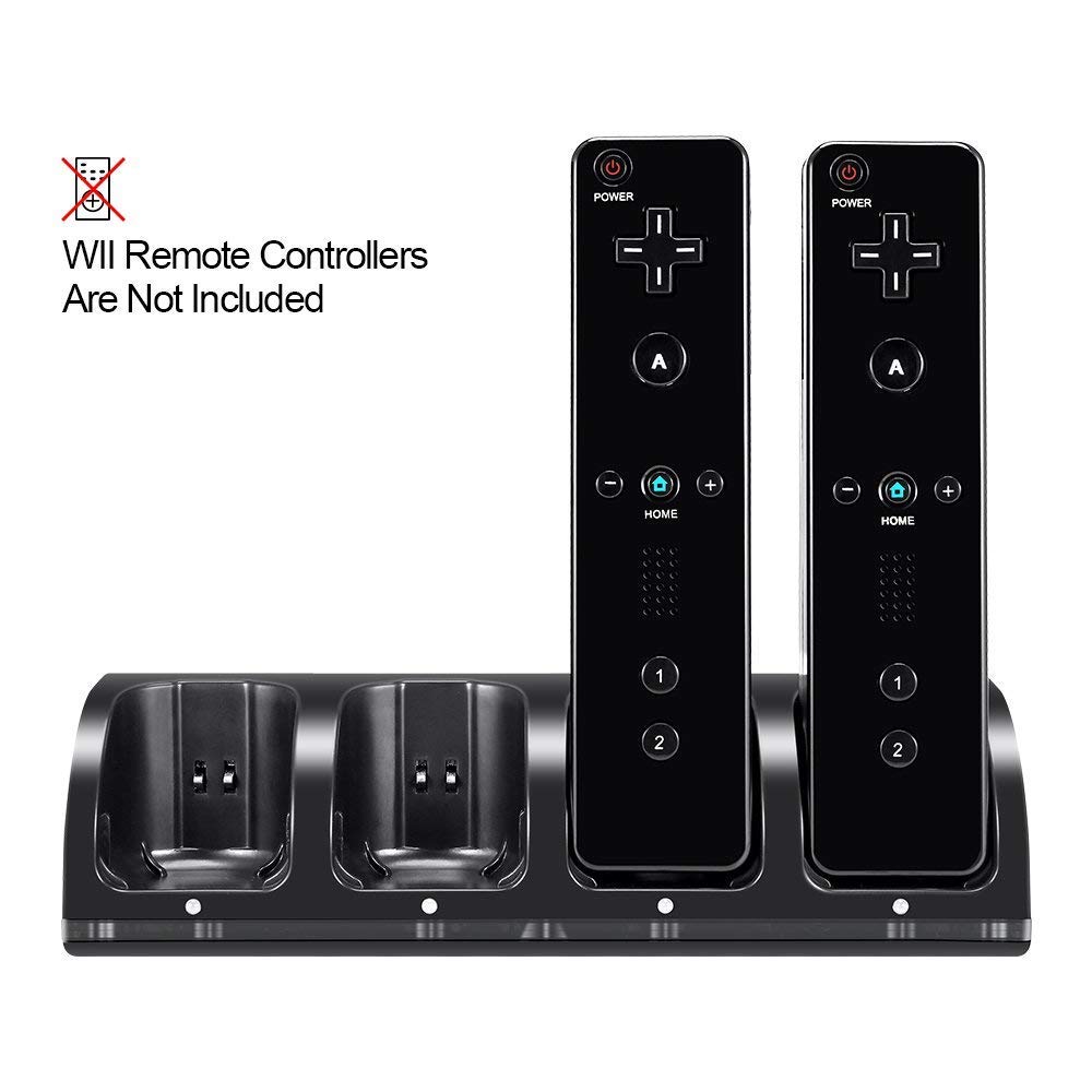 Wii Remote Controller Charger, 4 in 1 Wii Charging Dock Station with 4PCS 2800mAh Rechargeable Batteries for Wii/Wii U Controller-Black