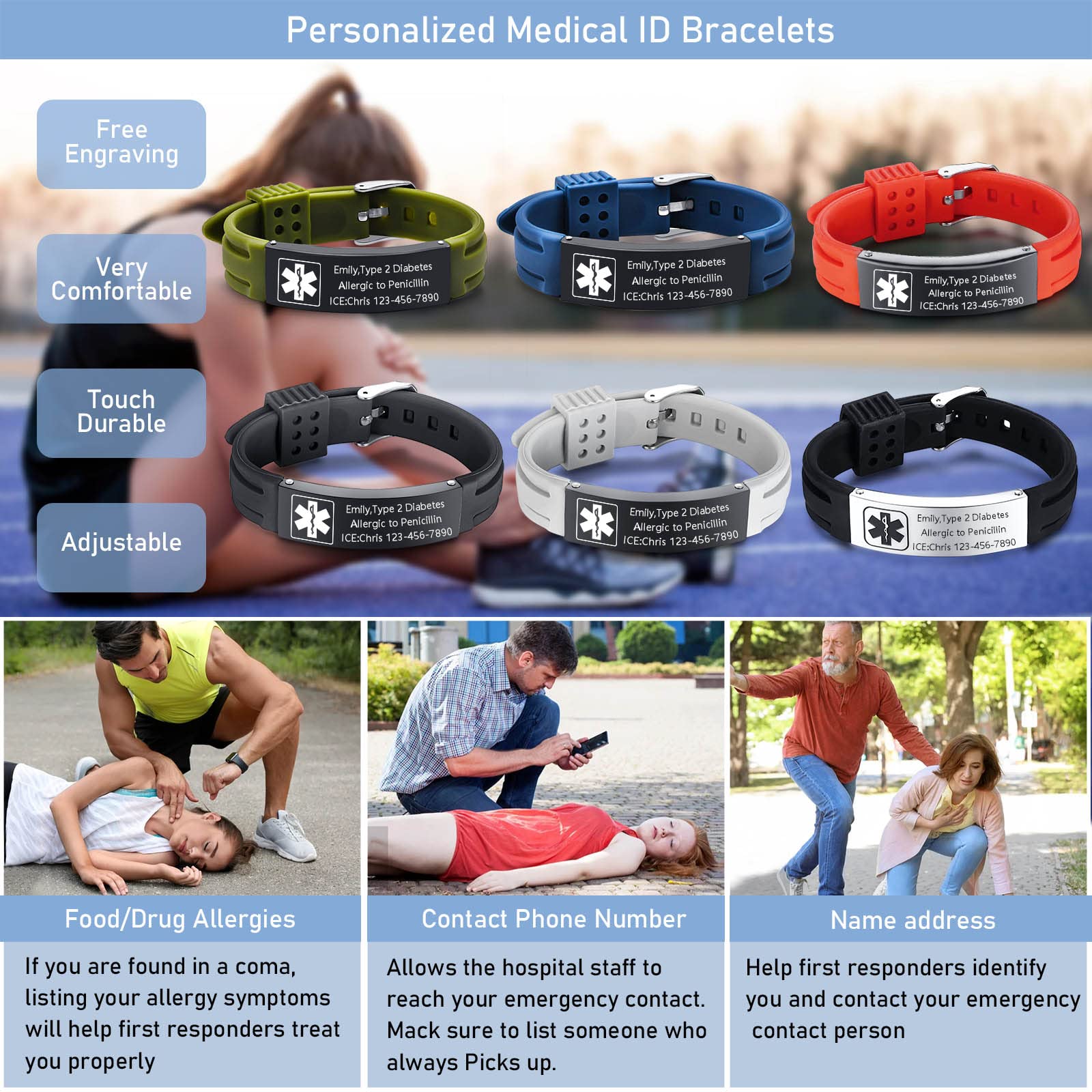 VNOX Customize Emergency Jewelry Medical Alert ID Black Silicone Rubber Stainless Steel Adjustable Bracelet