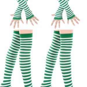 Blulu St Patrick's Day Knee High Socks Green Striped Fingerless Gloves Irish Arm Warmers