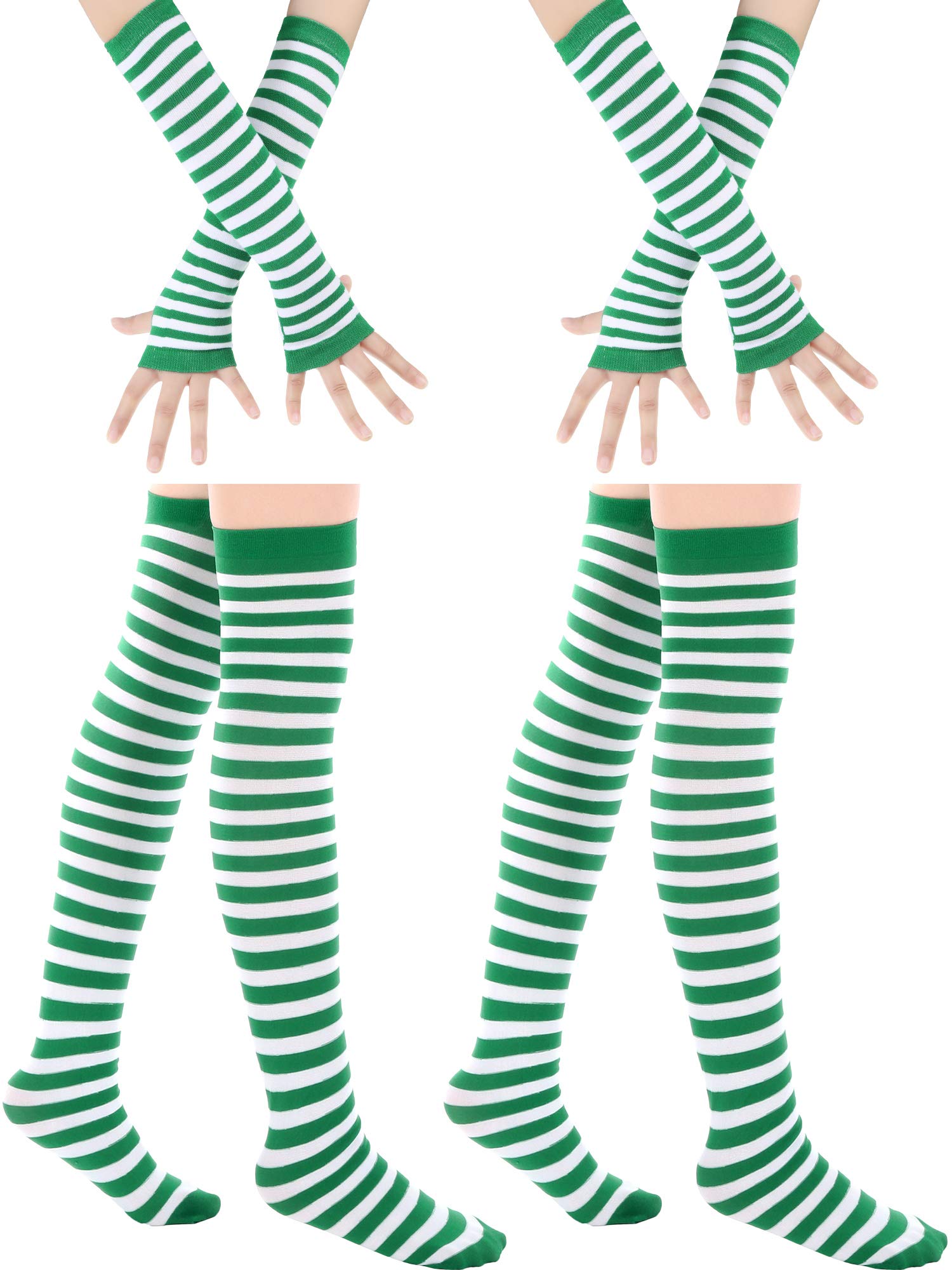 Blulu St Patrick's Day Knee High Socks Green Striped Fingerless Gloves Irish Arm Warmers