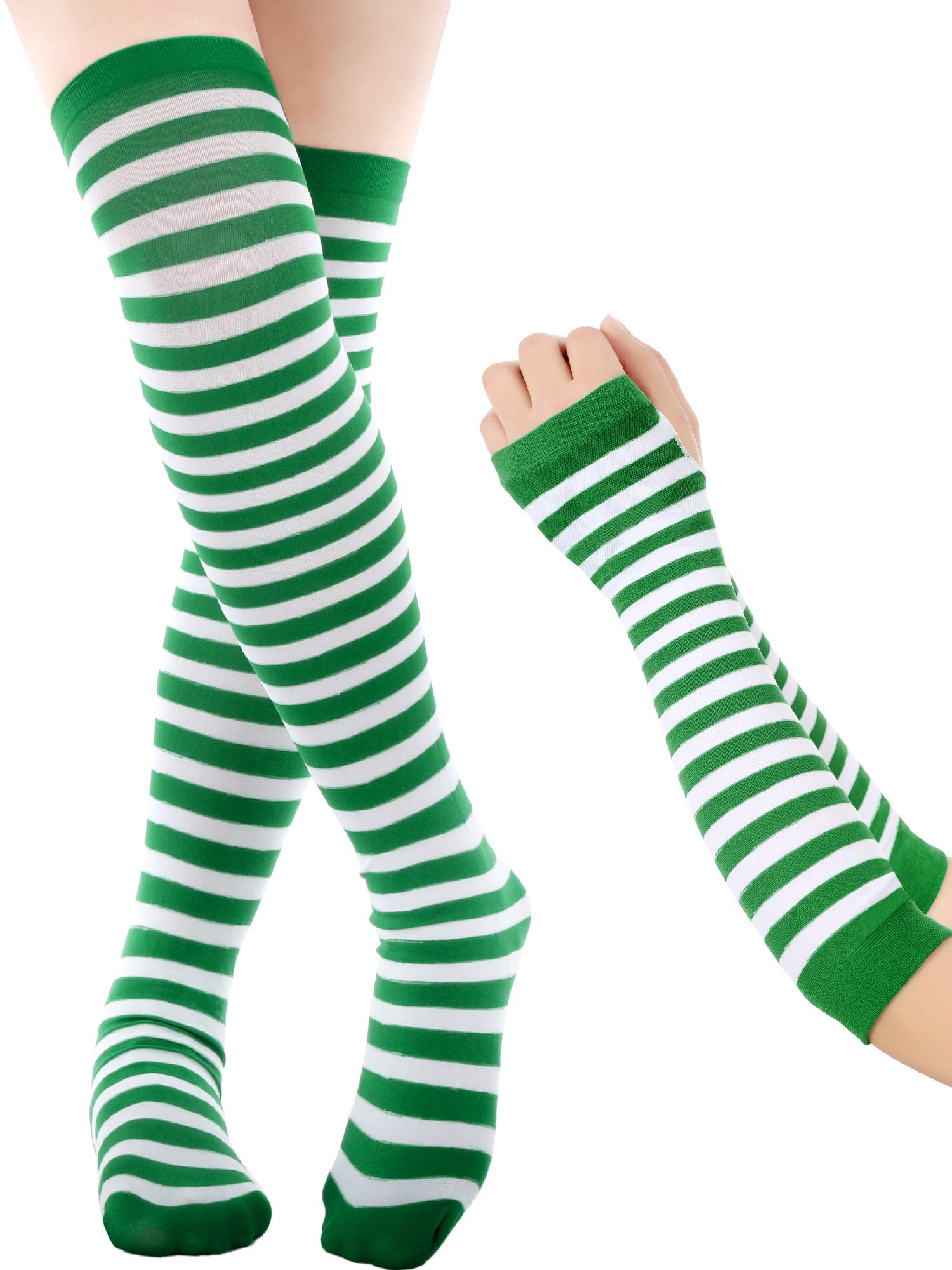 Blulu St Patrick's Day Knee High Socks Green Striped Fingerless Gloves Irish Arm Warmers