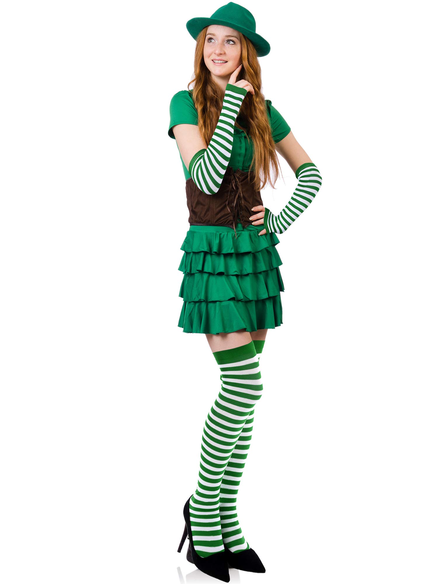 Blulu St Patrick's Day Knee High Socks Green Striped Fingerless Gloves Irish Arm Warmers