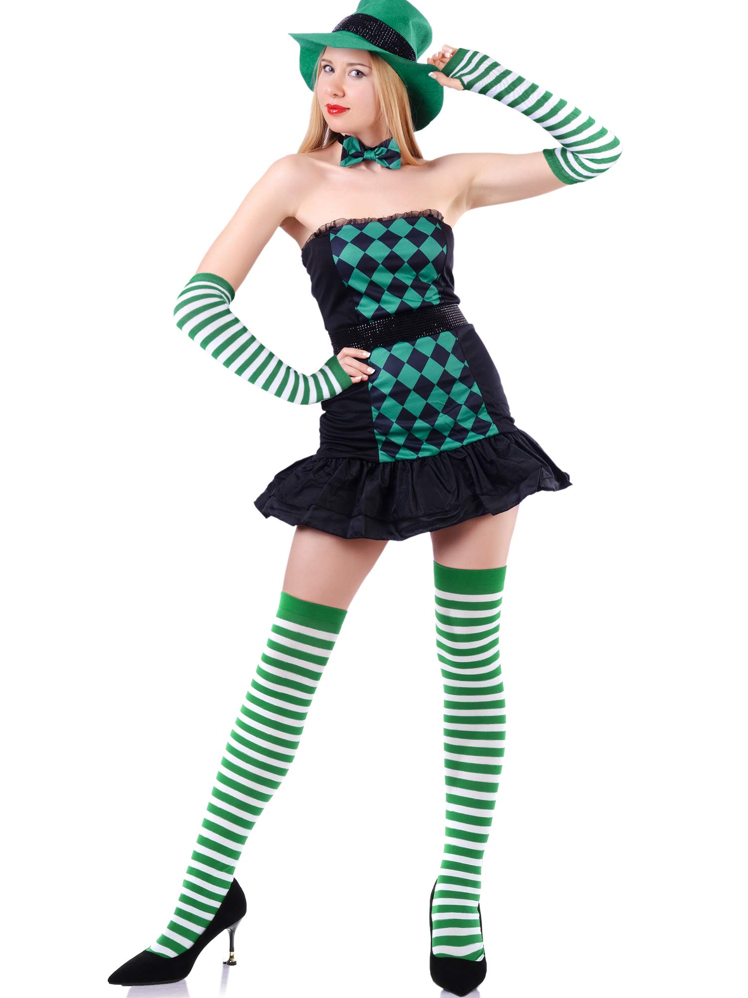 Blulu St Patrick's Day Knee High Socks Green Striped Fingerless Gloves Irish Arm Warmers