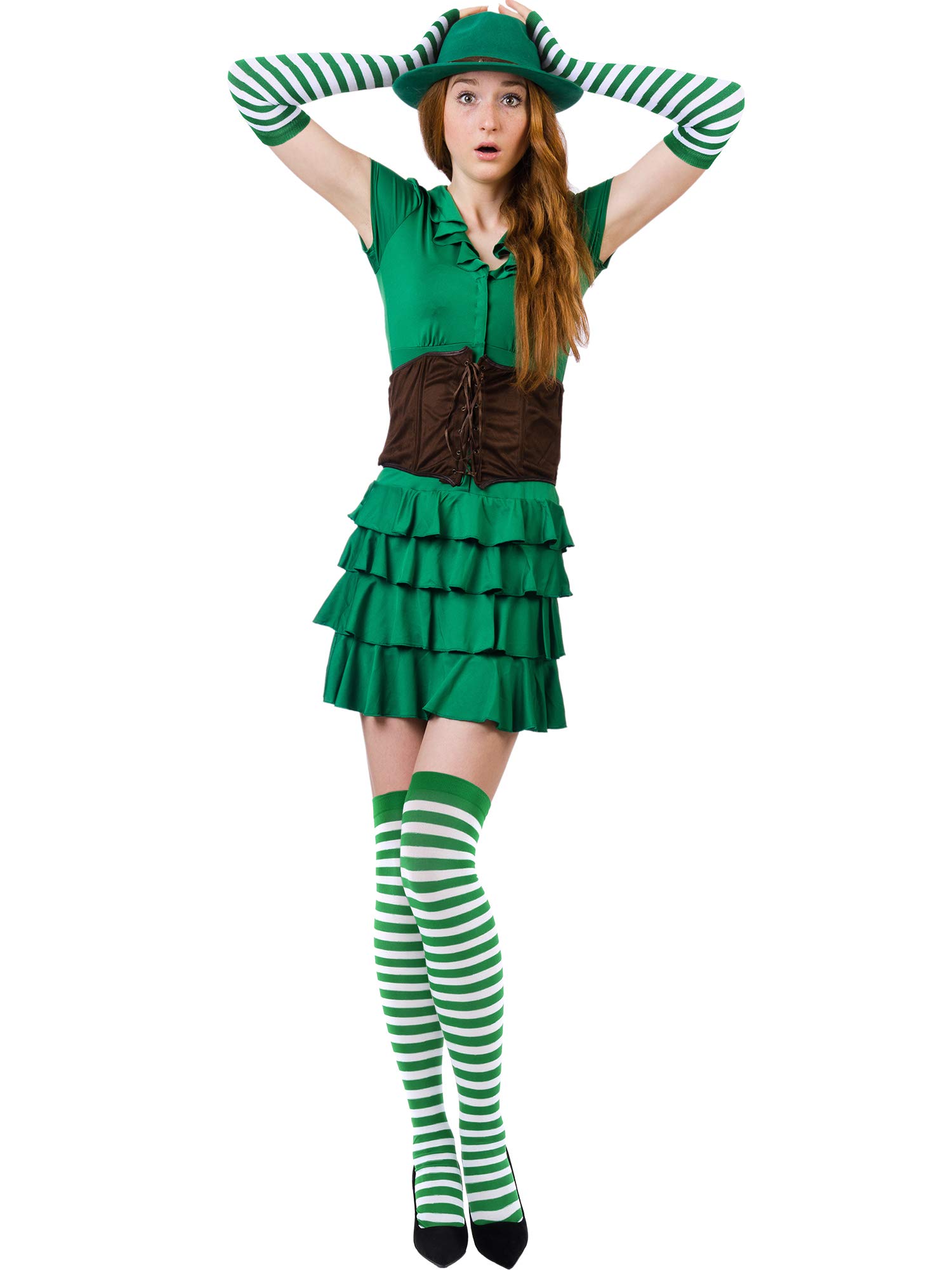 Blulu St Patrick's Day Knee High Socks Green Striped Fingerless Gloves Irish Arm Warmers