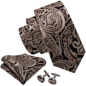 Barry.Wang Paisley Tie Set Hanky Cufflink Silk Gold Neckties