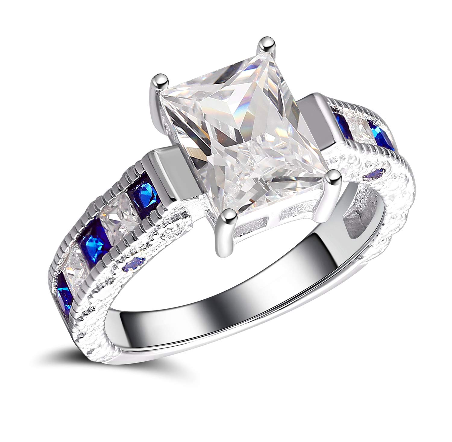 Ginger Lyne Collection Katharina Sterling Silver 2.5CT Emerald cut with Blue Accent CZ Engagement Wedding Bridal Ring Size 5