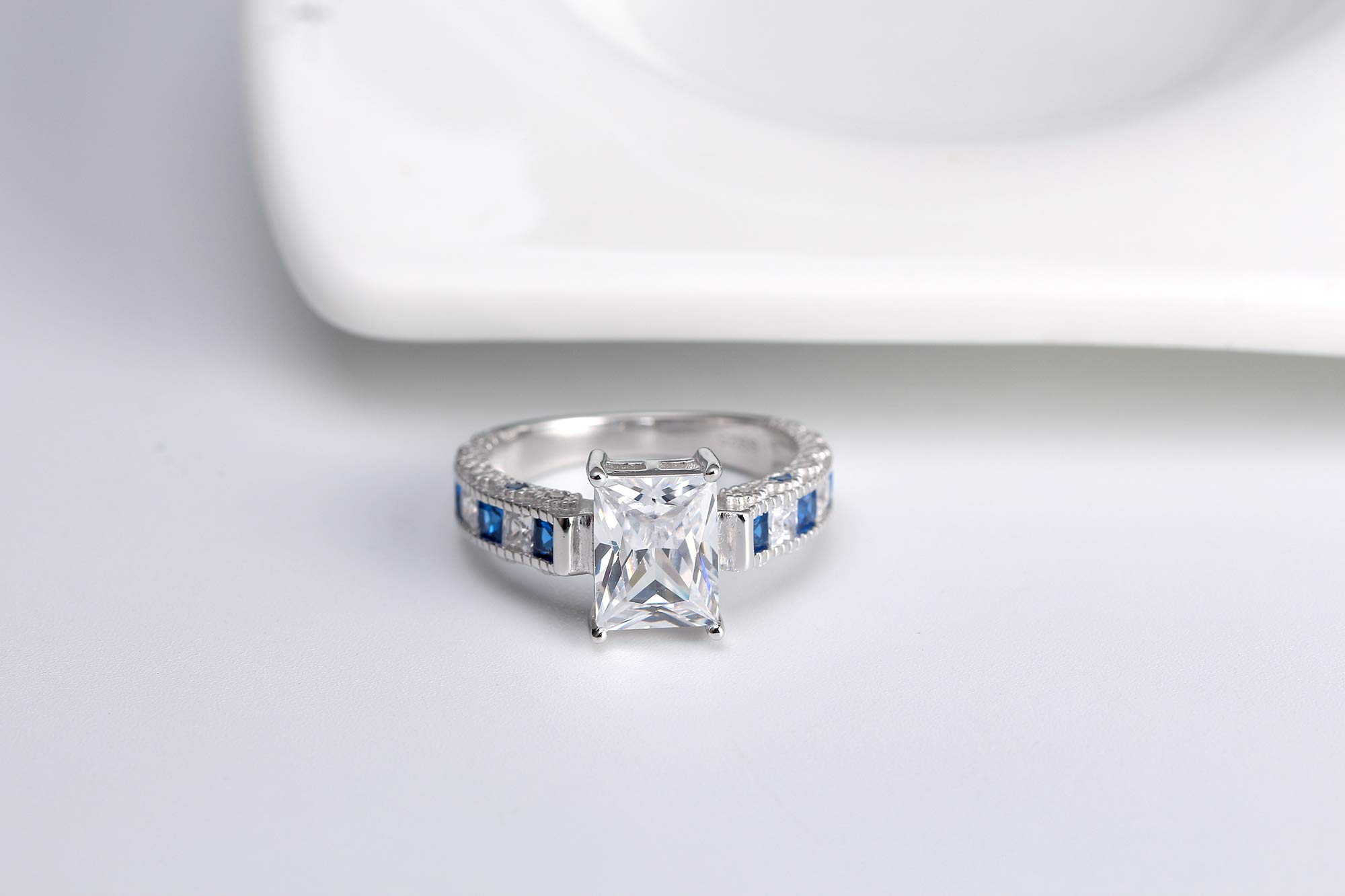 Ginger Lyne Collection Katharina Sterling Silver 2.5CT Emerald cut with Blue Accent CZ Engagement Wedding Bridal Ring Size 5