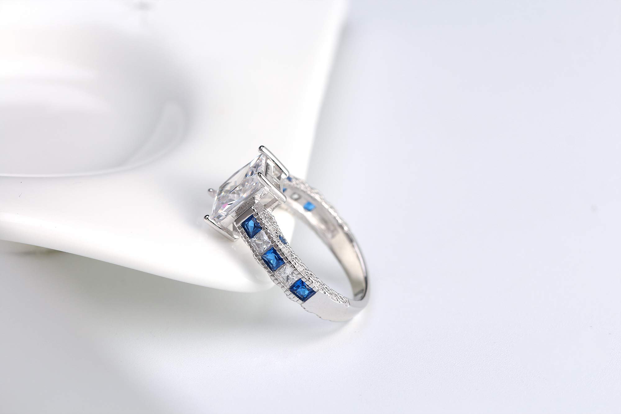 Ginger Lyne Collection Katharina Sterling Silver 2.5CT Emerald cut with Blue Accent CZ Engagement Wedding Bridal Ring Size 5