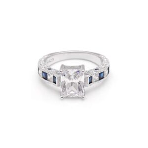 Ginger Lyne Collection Katharina Sterling Silver 2.5CT Emerald cut with Blue Accent CZ Engagement Wedding Bridal Ring Size 5