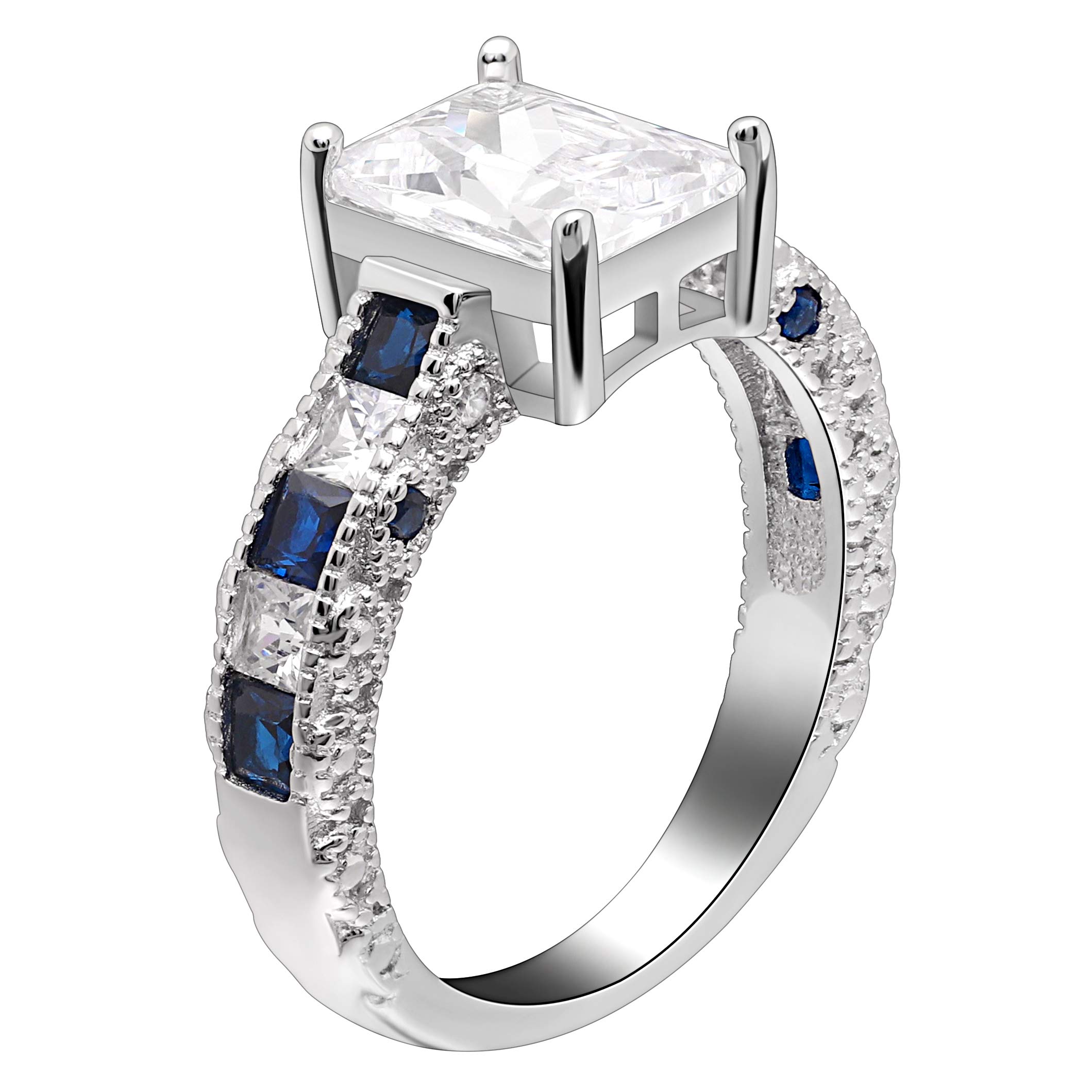 Ginger Lyne Collection Katharina Sterling Silver 2.5CT Emerald cut with Blue Accent CZ Engagement Wedding Bridal Ring Size 5