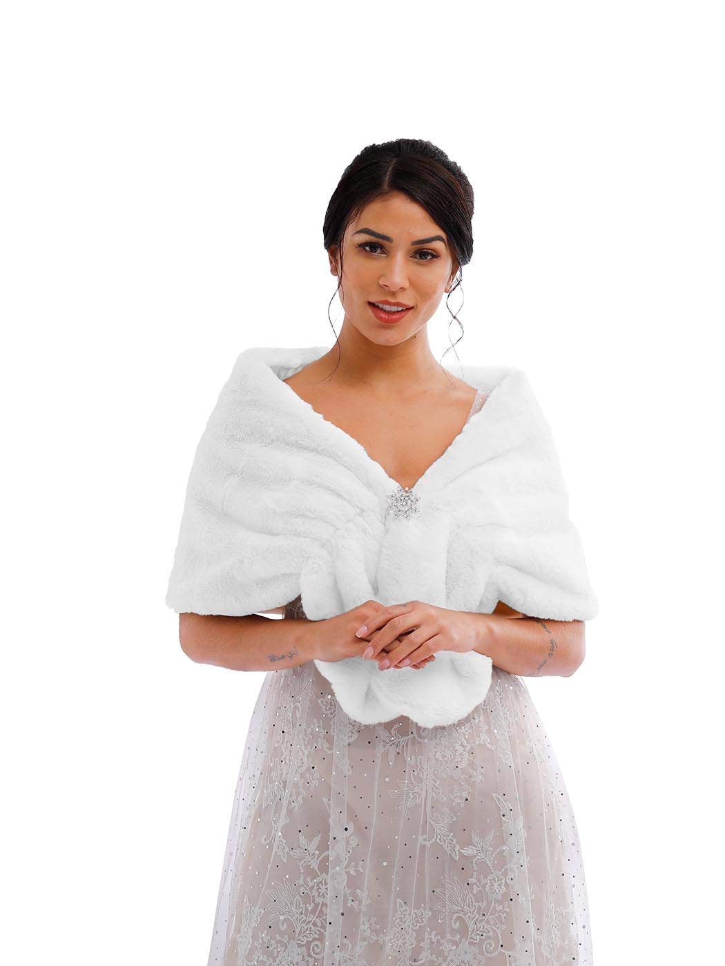 Tgirls Women's Wedding Faux Fur Shawl and Wraps Bridal Fur Stole Fur Scarf for Bride and Bridesmaids (White)