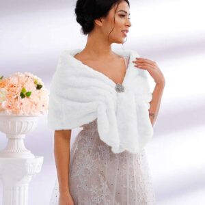 Tgirls Women's Wedding Faux Fur Shawl and Wraps Bridal Fur Stole Fur Scarf for Bride and Bridesmaids (White)