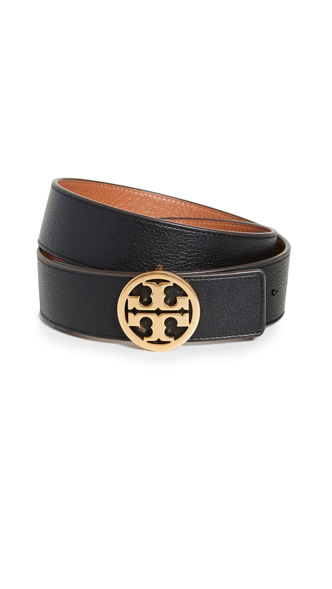 Tory Burch Women's 1.5" Miller Reversible Belt, Black/New Cuoio/Gold, S