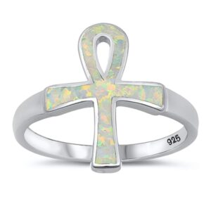 white simulated opal ankh wide large ring .925 sterling silver band size 6