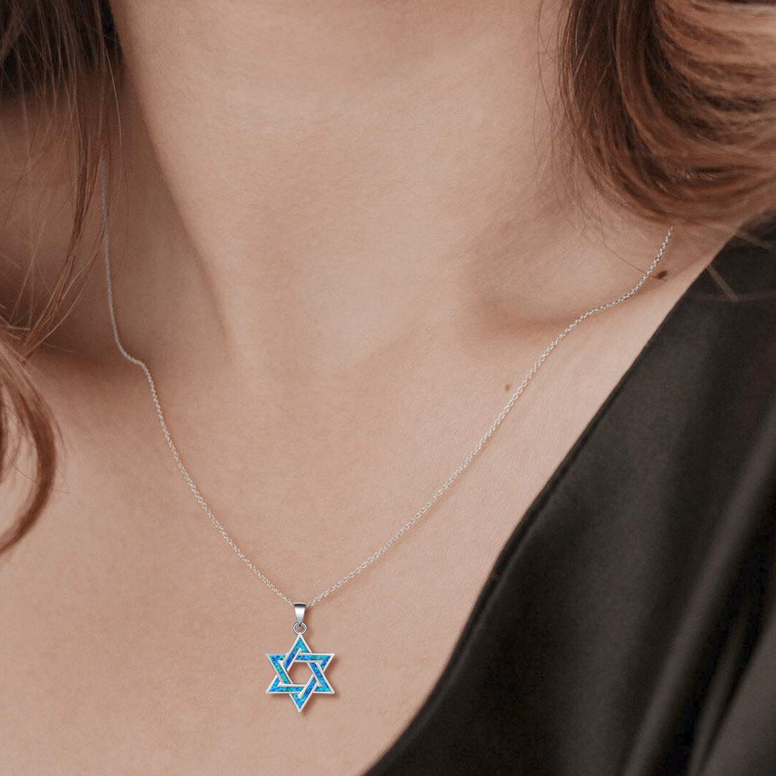 FANCIME Star of David Necklace for Women Hanukkah Gifts 925 Sterling Silver Blue Created Opal Necklace Charm Geometric Pendant Jewelry for Women