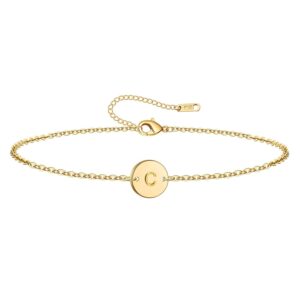 initial charm bracelets, 18k gold plated stainless steel dainty small round coin disc initial bracelet engraved letters c personalized name bracelet for women