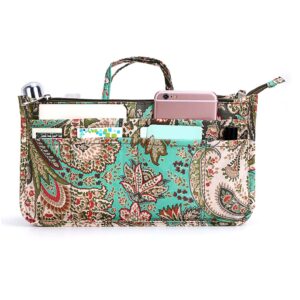 btsky new printing handbag organizers inside purse insert-high capacity 13 pockets bag tote organizer with handle peacock flower