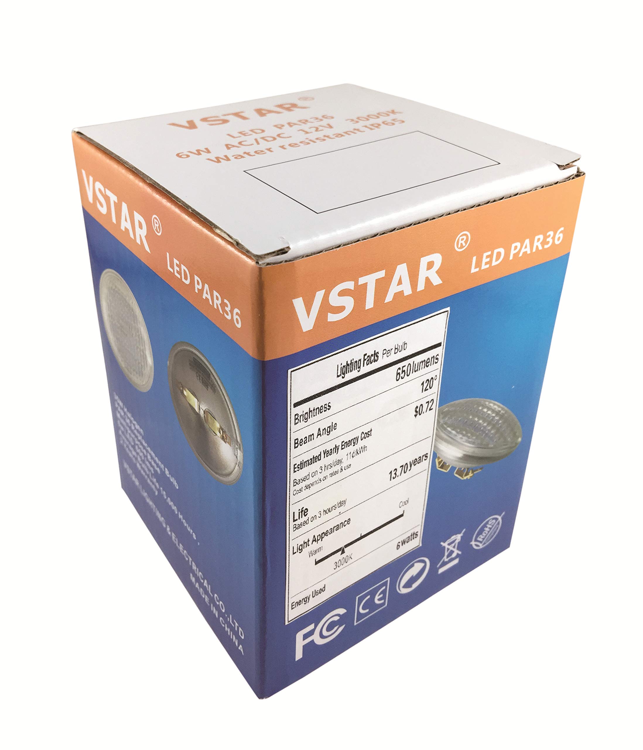 VSTAR LED PAR36 Bulb 6W 12V 650-750lm(35W Halogen Equivalent),3000K Warm White,Water Resistant,Non-dimmable,6 Pack