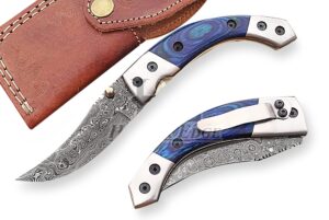 huntex handmade hand-forged rain drop pattern damascus steel 4 inch long pakka wood handle razor sharp hunting camping trailing pocket knife w/pocket clip & genuine leather pouch