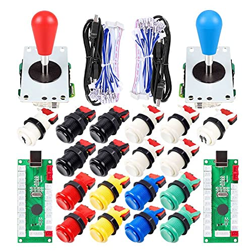 Avisiri 2 Player Arcade Joystick DIY Parts 2x USB Encoder + 2x Elliptical Joystick Hanlde + 18x American Style Arcade Buttons for PC, MAME, Raspberry Pi, Windows (Mix Color Kit)