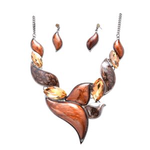 Fenni Jewelry Retro Women's Crystal Floral Petal Leaf Chunky Statement Necklace and Earrings Set Party Jewelry (Brown)