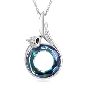 aoboco fox necklace sterling silver women necklace fox tail pendant with circle crystals from austria, fine anniversary birthday fox jewelry gifts for women wife girlfriend daughter mom grandma(blue)