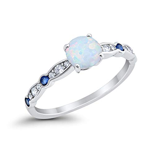 Blue Apple Co. Fancy Wedding Engagement Ring Round Created White Opal & Simulated Cubic Zirconia 925 Sterling Silver, Size-8