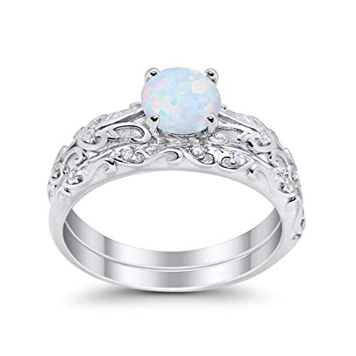 Blue Apple Co. Art Deco Two Piece Wedding Engagement Bridal Set Created White Opal Round Cubic Zirconia 925 Sterling Silver, Size-7