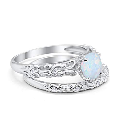 Blue Apple Co. Art Deco Two Piece Wedding Engagement Bridal Set Created White Opal Round Cubic Zirconia 925 Sterling Silver, Size-7