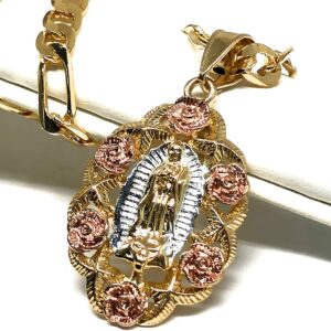 Tri-Color Virgin Mary Flower Pendant Necklace 26" Virgen de Guadalupe Medalla Tres Colores Con Flores