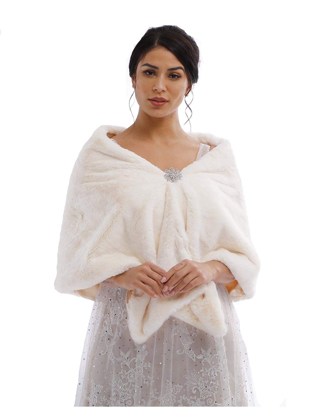 Yalice Wedding Faux Fur Shawl and Wrap Bridal Fur Stole Cape Fur Scarf for Bride and Bridesmaids (Beige)