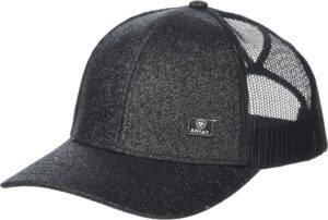 ariat women's offset logo, black with glitter crown & bill, messy bun opening, black mesh back, adjustable snapback