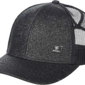 ARIAT Women's Offset Logo, Black with Glitter Crown & Bill, Messy Bun Opening, Black Mesh Back, Adjustable Snapback