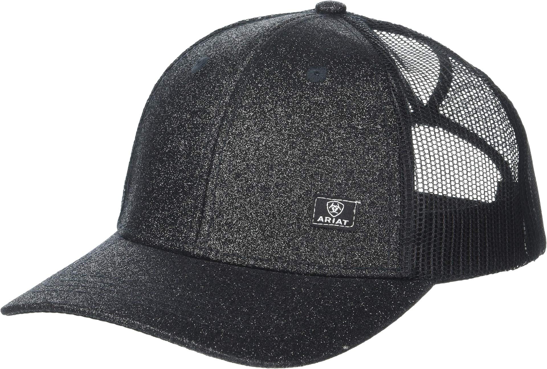 ARIAT Women's Offset Logo, Black with Glitter Crown & Bill, Messy Bun Opening, Black Mesh Back, Adjustable Snapback