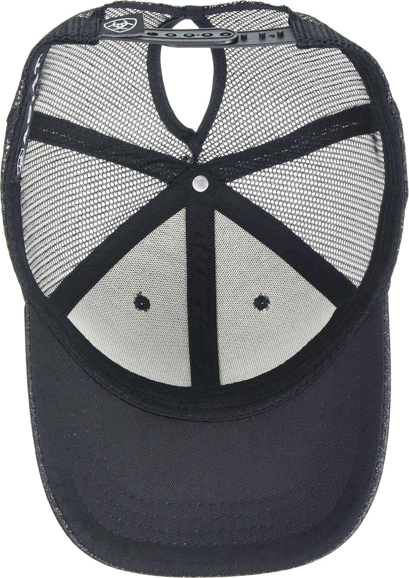 ARIAT Women's Offset Logo, Black with Glitter Crown & Bill, Messy Bun Opening, Black Mesh Back, Adjustable Snapback