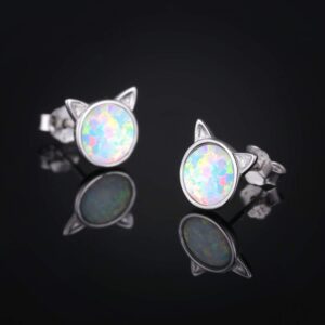 Cuoka Cat Opal Earrings 925 Sterling Silver Cute Opal Cat Stud Earrings Animal Opal Cat Pierced Earrings Jewelry for Women