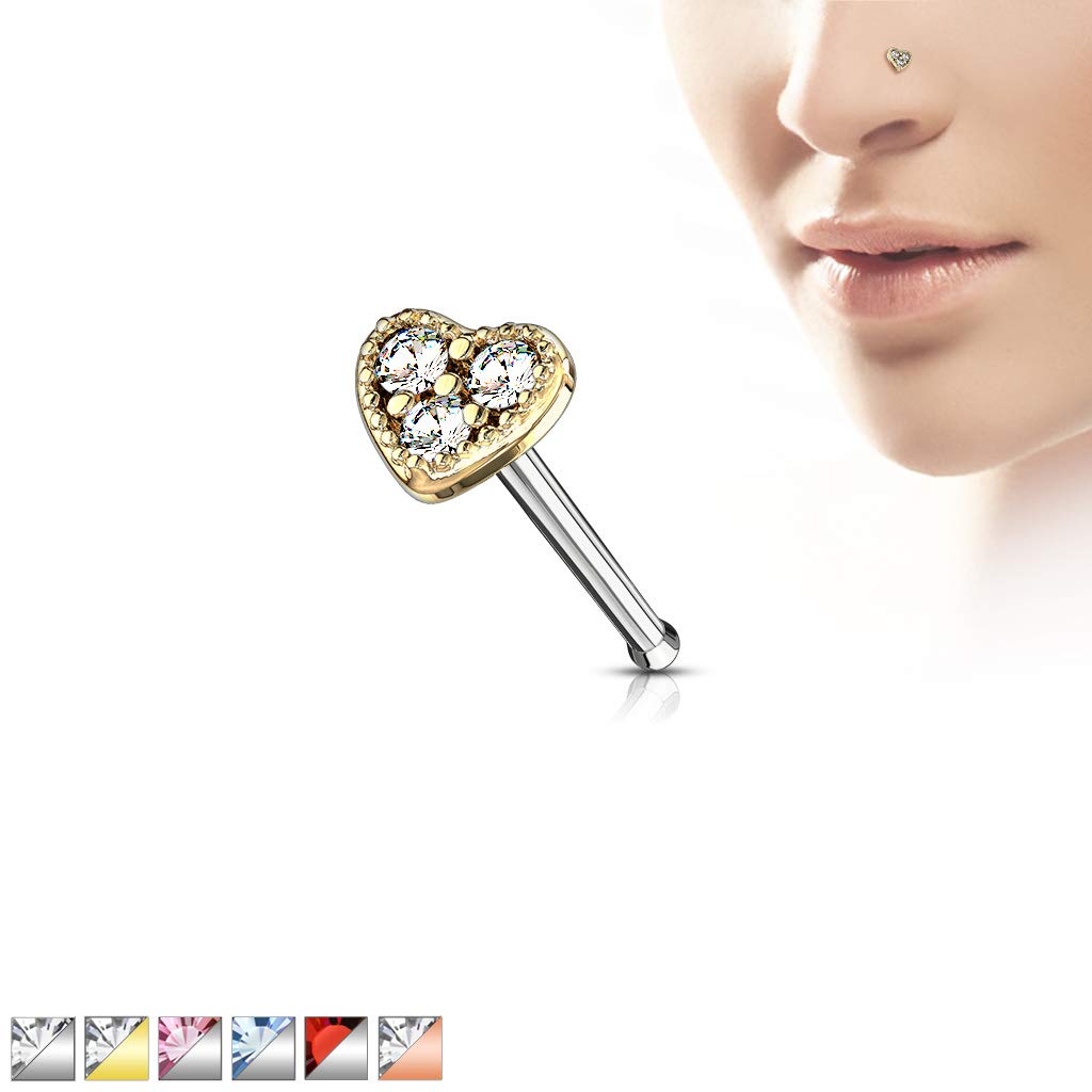 Amelia Fashion 20 Gauge CZ Set Heart Nose Bone Stud 316L Surgical Steel (Choose Color) (Red)