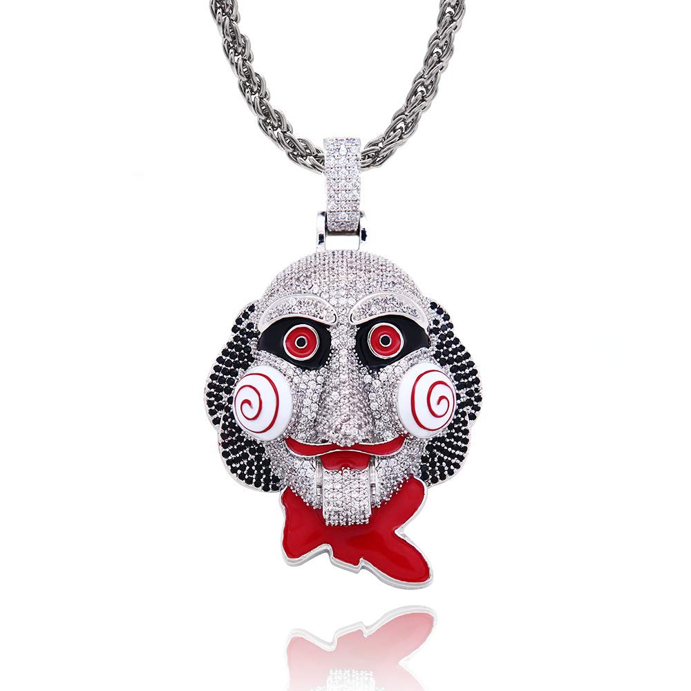 KMASAL Hip Hop Iced Out Bling Chain Clown 69 Pendant Halloween Cosplay Horrifying Inspired Necklace with 24" Rope Chain (Silver)