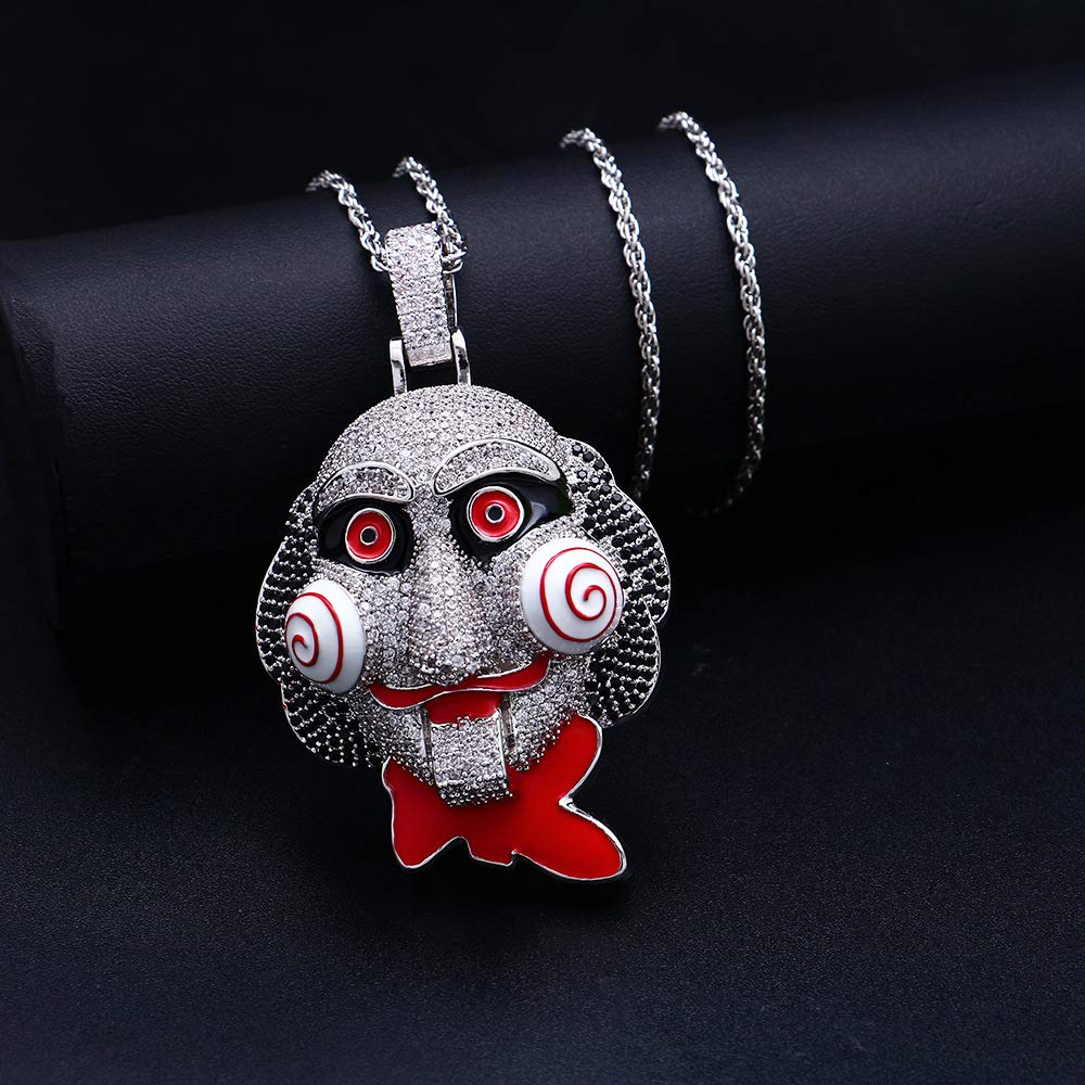 KMASAL Hip Hop Iced Out Bling Chain Clown 69 Pendant Halloween Cosplay Horrifying Inspired Necklace with 24" Rope Chain (Silver)